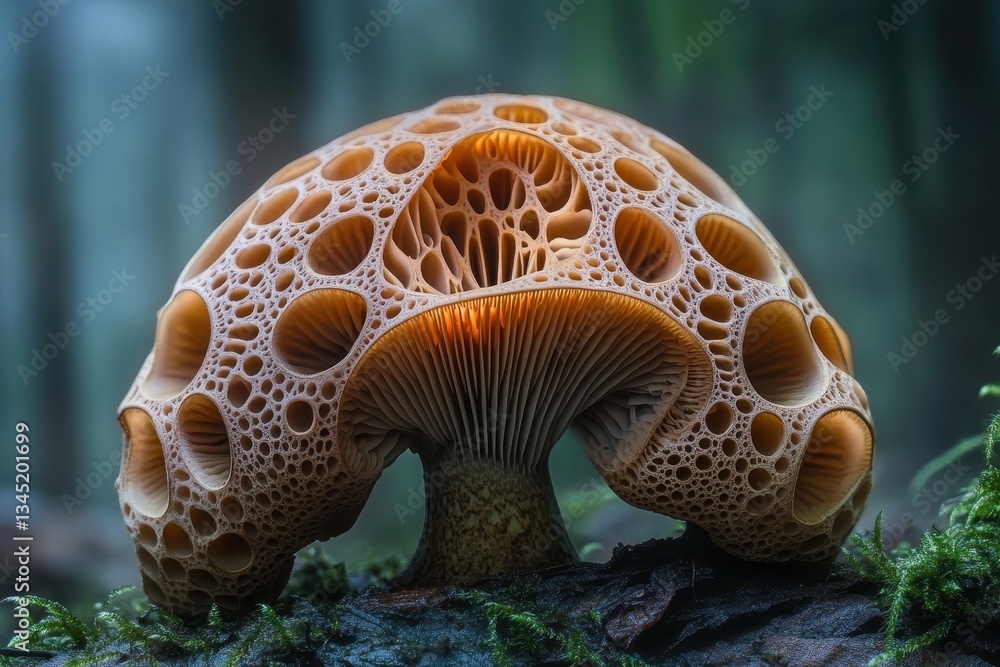 Poster Unique mushroom displaying intricate patterns in a lush forest environment during the early morning light