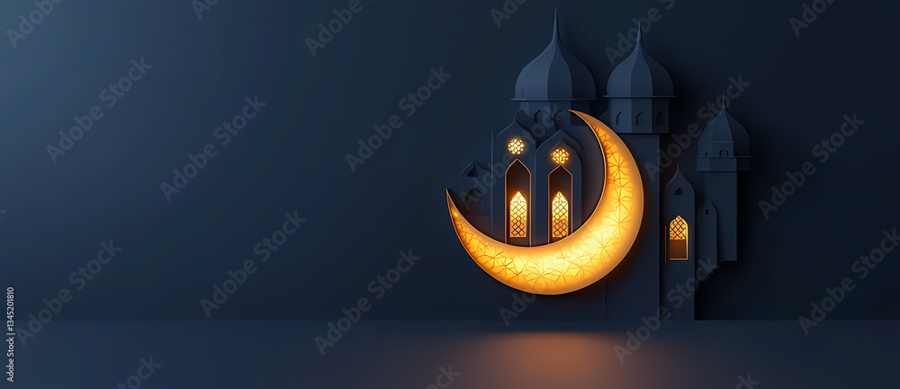 Poster glowing crescent and mosque: a captivating image of a golden crescent moon illuminating a silhouette
