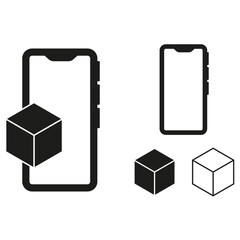 Mobile cube interface. Digital 3D block. Smartphone tech symbol. Abstract futuristic design.