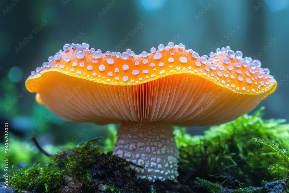 Poster Unique mushroom displaying intricate patterns in a lush forest environment during the early morning light