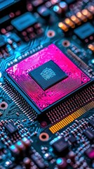 Pink central processing unit chip on a detailed circuit board with components