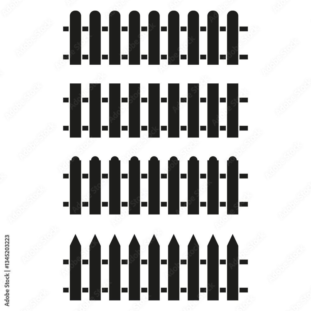 Poster fence pattern set. black minimalist design. straight and pointed tops. vector collection shape.