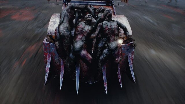 zombie car drives and hits zombies. Apocalyptic concept.