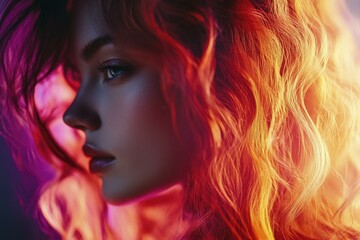 Fototapeta premium Asian Woman Profile with Red Curly Hair in Dramatic Lighting