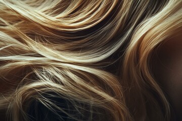 Naklejka premium Flowing Blonde Hair Close-Up - Golden Highlights, Soft Waves, Shiny Strands, Natural Texture, Artistic Style