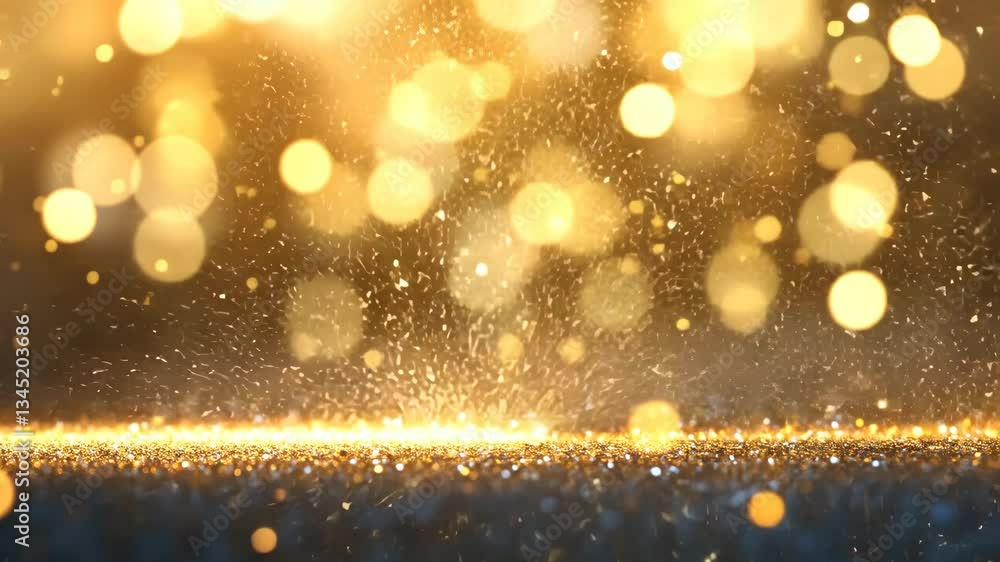 Poster illuminated golden particles create a magical atmosphere during a celebration event in a festive set
