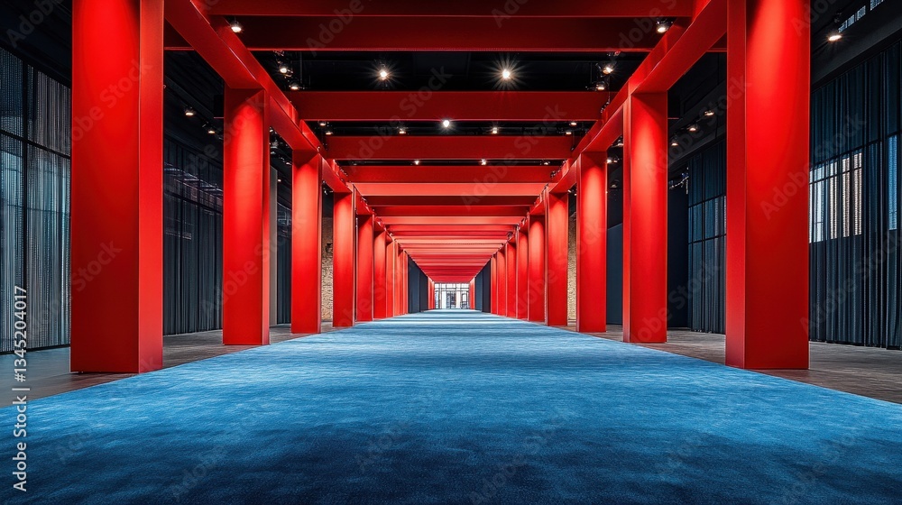 Aufkleber bright red pillars create a striking corridor lined with vibrant blue carpet in a modern architectur