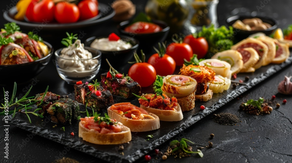Poster elegant tray of assorted gourmet snacks showcasing catering service offerings for gatherings and eve