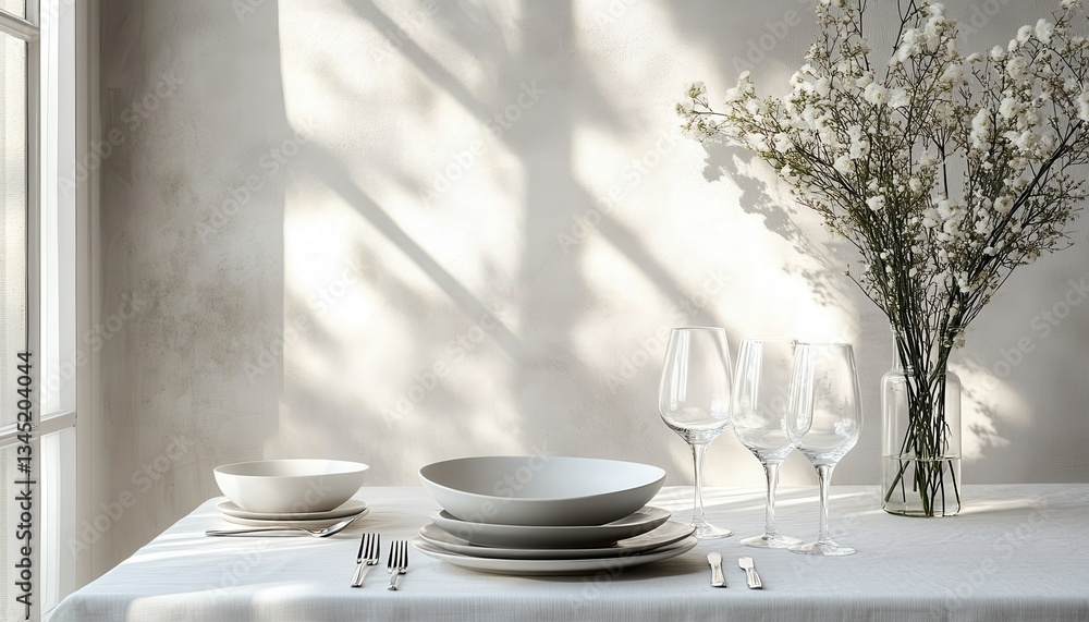 Aufkleber elegant table setting with white plates and glassware complemented by flowers in natural light