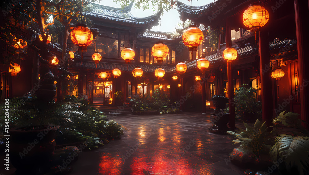 Poster lantern-lit courtyard: a captivating view of a traditional courtyard illuminated by the warm glow of