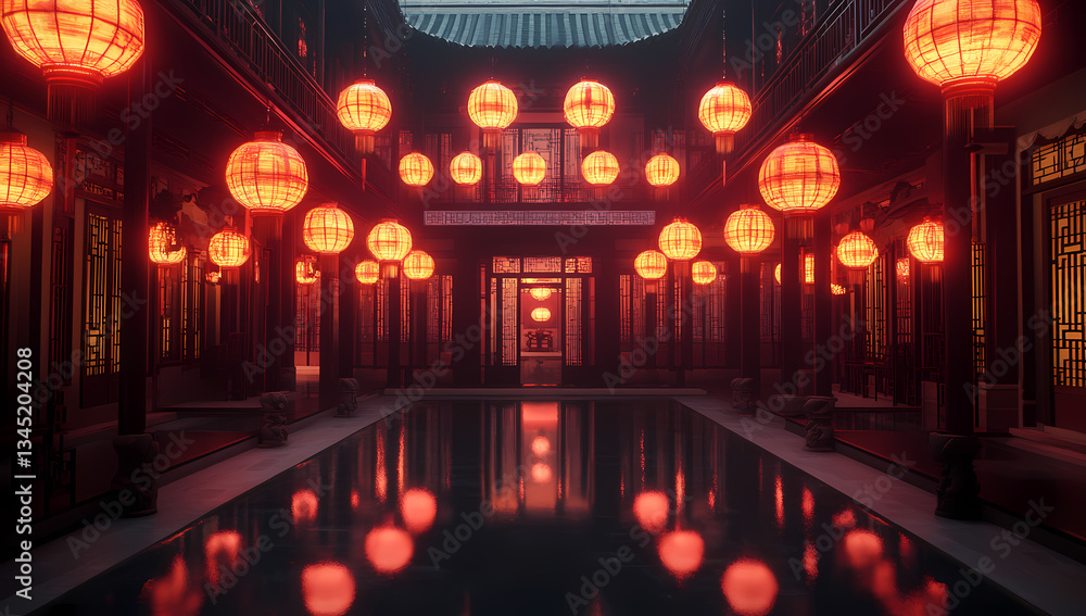 Poster lantern-lit courtyard: a mesmerizing night view of a traditional courtyard adorned with numerous ill