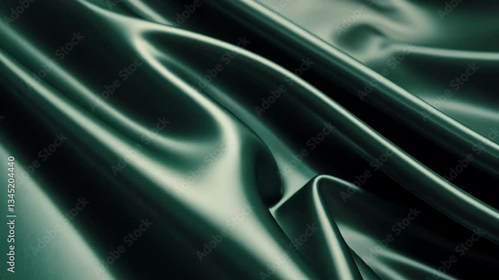 Poster satin fabric with smooth texture and green hue displayed in soft folds capturing light and shadow de