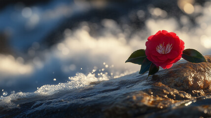 岩場に咲く椿 &mdash; 波しぶきに負けない生命の輝き