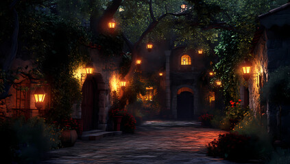 Fototapeta premium Enchanted Garden Pathway: A mystical pathway through a secluded, illuminated garden at dusk, showcasing stone buildings and glowing lanterns, creating a magical and serene atmosphere.