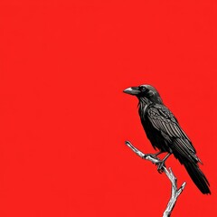 A black raven perched upon a bare tree branch stands alone