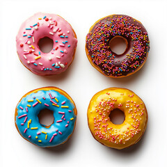 donuts with colorful frosting and sprinkles top vie, Isolated on white Background.