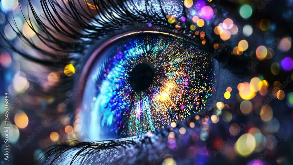 Poster close-up view of an eye with sparkling colors and lights creating a mesmerizing effect during nightt
