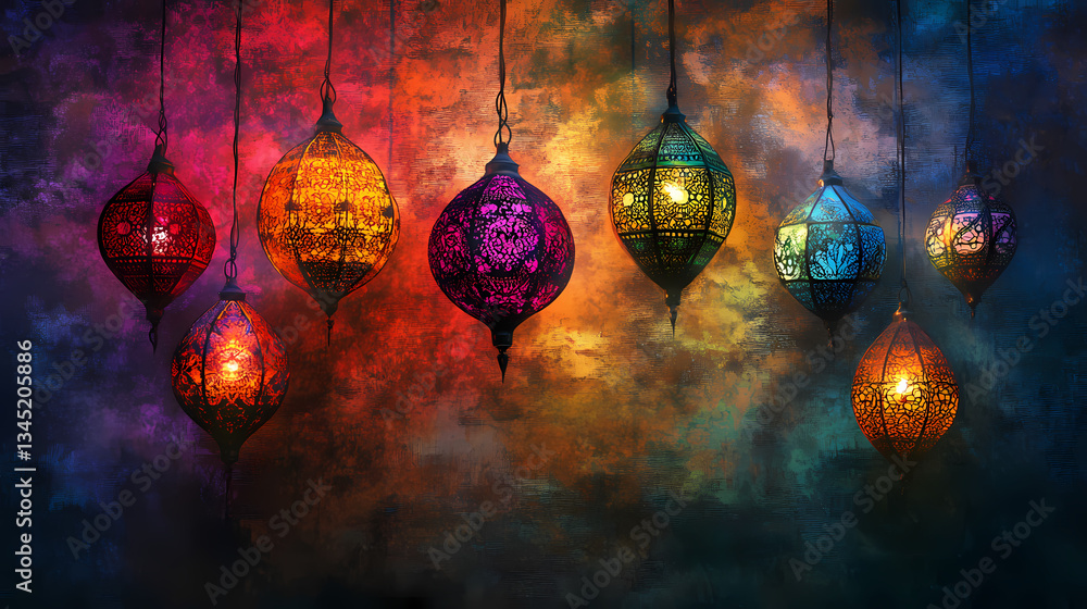 Poster vibrant lanterns: a captivating display of colorful, intricately designed lanterns casts a warm, inv