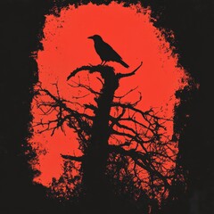 A black bird perched atop a bare tree silhouette against red sky