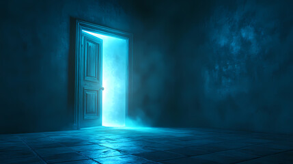 Obraz premium Illuminated Doorway: An open door radiates an ethereal glow within a darkened room, creating an ambiance of mystery and the promise of the unknown.