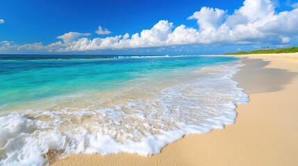 Tranquil tropical beach with turquoise waters and soft sandy shoreline under blue sky