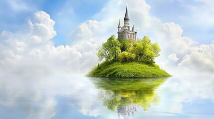 Enchanting castle on floating island amidst dreamy clouds and tranquil waters