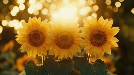 Fototapeta premium A trek through a sunflower field with golden blooms and a warm sunset 