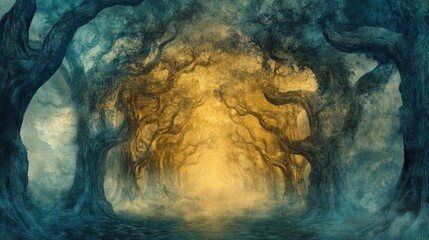 Fototapeta premium Enchanted Forest Pathway with Twisted Trees and Mystical Light Emerging from Fog