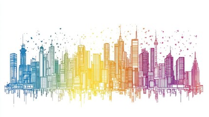 Colorful city skyline sketch, vibrant urban landscape, artistic digital drawing