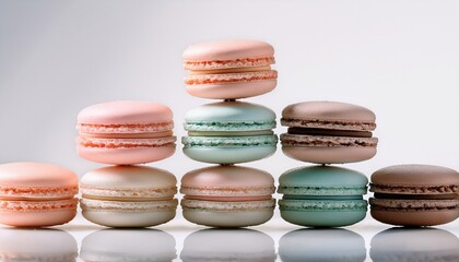 Fototapeta premium A delicate French macaron tower in soft pastel colors, elegantly arranged on a simple white stand — perfect for luxury desserts, patisserie, and wedding decor themes. 