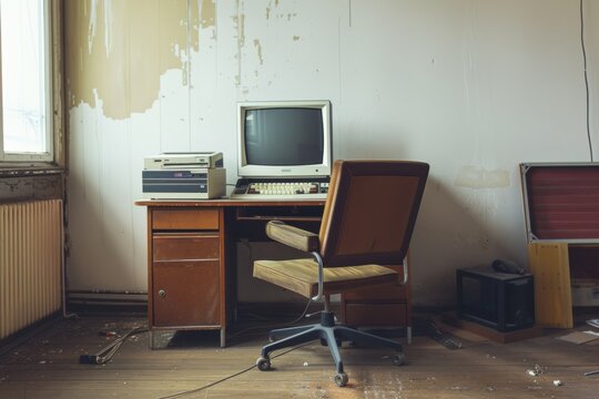 Home office study setup featuring outdated furniture and computer ready for renovation and redesign project Generative AI
