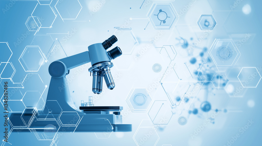 Poster digitalized microscope and molecular analysis. future of scientific research. abstract technology ba