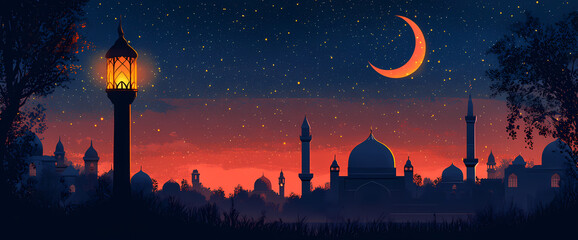 Obraz premium A Serene Night: A tranquil scene, a vibrant crescent moon hangs high above a majestic city silhouette, stars twinkling gently, illuminated by a warm lantern.