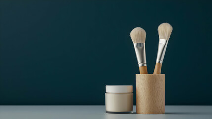 Two Makeup Brushes And Cream Jar On Blue Surface With Wooden Holder And Clean Lighting