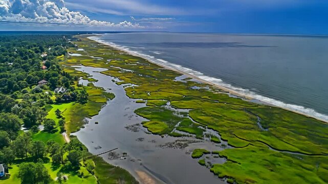 Serene coastal landscape with estuaries and lush greenery under a bright sky, showcasing nature's tranquility at midday
