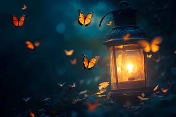 Enchanting Lantern and Butterflies: A mesmerizing scene unfolds as vibrant butterflies dance around a warm, glowing lantern in a dreamlike, mystical setting, creating a sense of wonder.