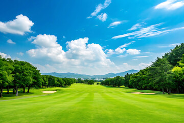 Naklejka premium Scenic golf course landscape with green fairway and blue sky