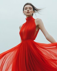Elegant woman in flowing red dress outdoors.