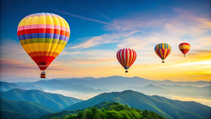 Obraz premium Scenic hot air balloons flying over mountain landscape at sunset
