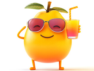 A happy mango character wearing sunglasses, sipping a tropical drink, relaxed summer vibe, isolated on white background
