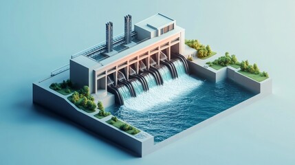 3d model of hydropower facility in urban area aerial view & renewable energy concept
