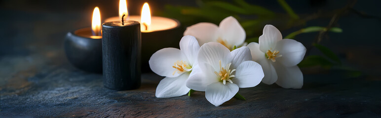 Obraz premium Serene Sympathy: Tranquil display of three lit candles next to delicate white blossoms, bathed in soft light, evoke a sense of peace and reflection.