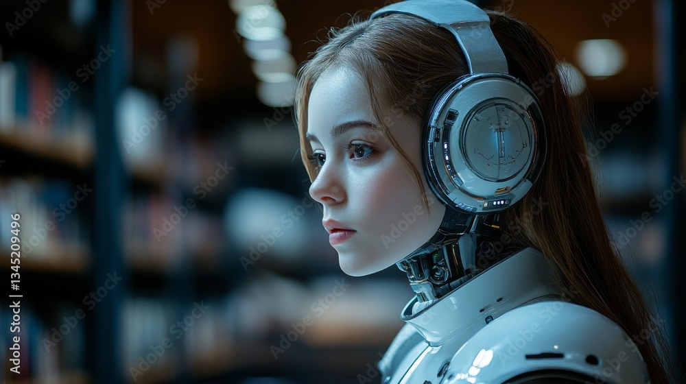 Poster ai tutor with headphones assisting students in a modern library setting during evening hours