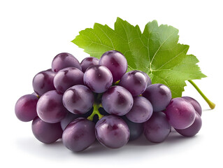 A bunch of plump purple grapes with a fresh green vine curling around them, ultra-realistic, soft lighting, isolated, no background