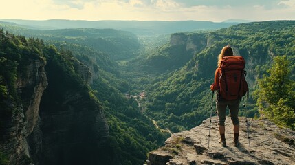A hiker exploring Liechtensteins FÃ¼rstensteig Trail with rugged cliffs and valleys