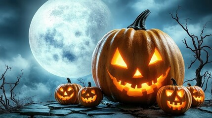 Obraz premium Spooky halloween night with glowing pumpkins under a full moon