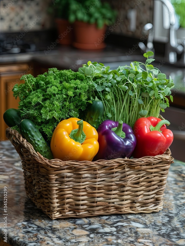 Poster rustic basket brimming with fresh microgreens and colorful vegetables on a kitchen countertop genera