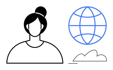 Woman with bun hairstyle near outlined globe and cloud. Ideal for innovation, global network, teamwork, remote work, technology, digital transformation, communication. Flat simple metaphor