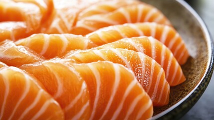 Freshly sliced salmon sashimi arranged beautifully on a plate, showcasing vibrant colors and textures