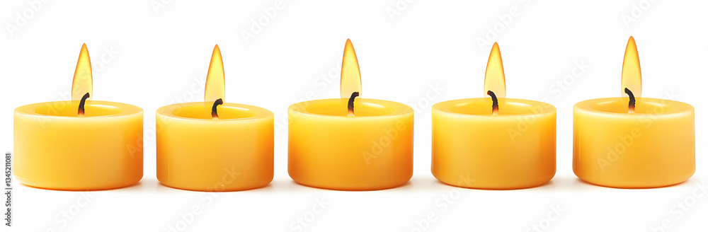 Poster glowing array: an eye-level shot presents a row of five illuminated candles, their flames flickering